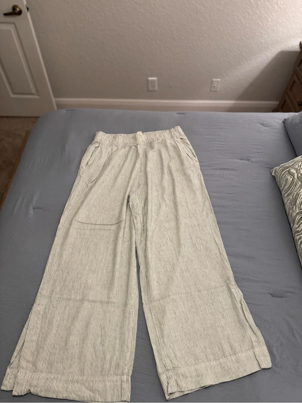 Light Gray Pinstripe Wide Leg Linen Pants